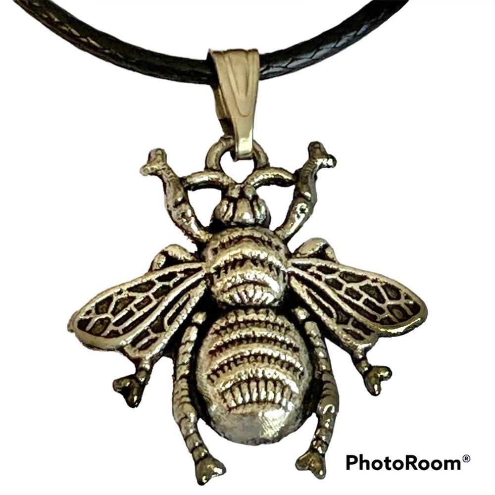 Bumble Bee Necklace Silver Tone Plated Black Cord 18 Chain Insect Queen